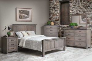 Heriloom Mission bedroom set with bed, dresser and mirror, chest of drawers, and nightstand in medium grey stain