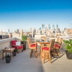 Rooftop balcony with Amish crafted poly dining set in bar height.