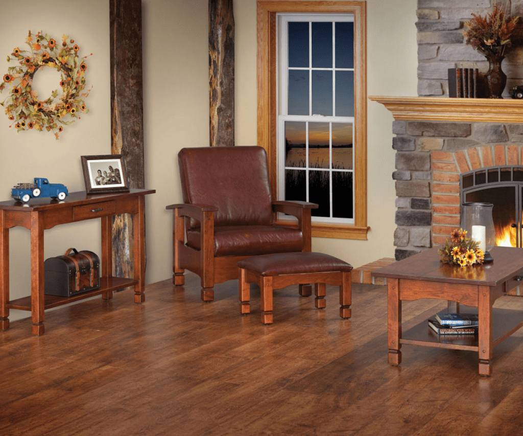 Rustic country style Amish handcrafted hardwood furniture pictured in a great room setting.