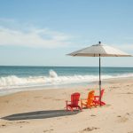 Amish crafted poly outdoor furniture - Adirondack chairs and umbrella on beach