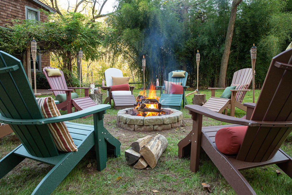 poly adirondack chairs around a fire pit