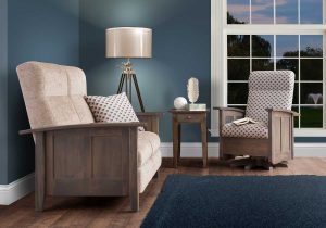 Shaker Living Room Sofa and swivel Chair with End Table in a modern blue living room.