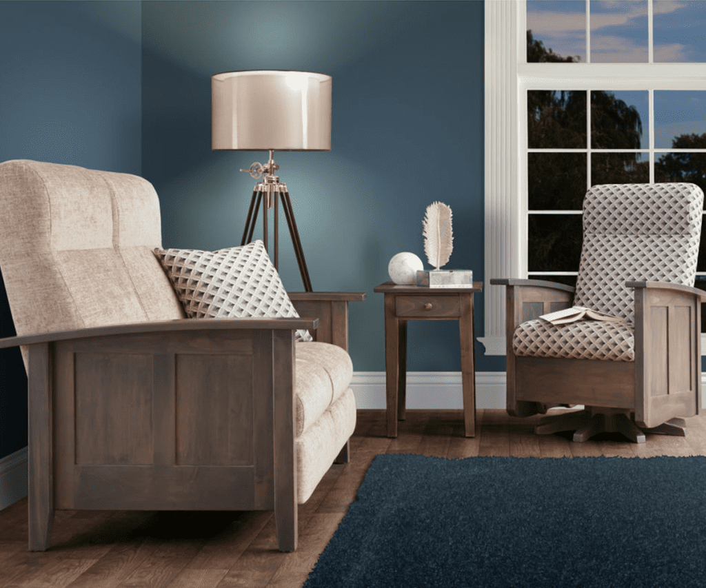 Shaker style Amish handcrafted hardwood furniture pictured in a living room setting.
