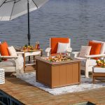 Poly outdoor furniture on a waterfront dock