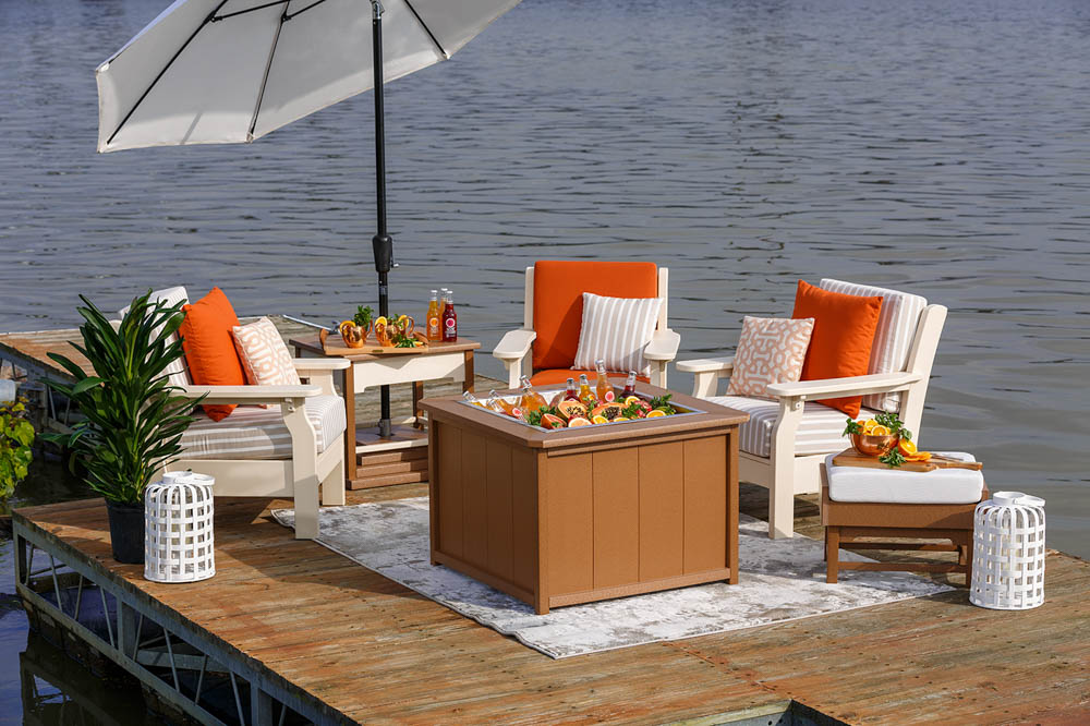 Poly outdoor furniture on a waterfront dock 