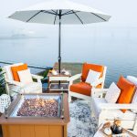 Fire pit and Amish crafted poly patio furniture on waterfront dock