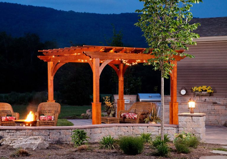 Products Dutch Home   Outdoor Wood Pergola At Dusk 768x538 