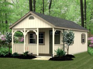 Cape cod style storage shed with porxh