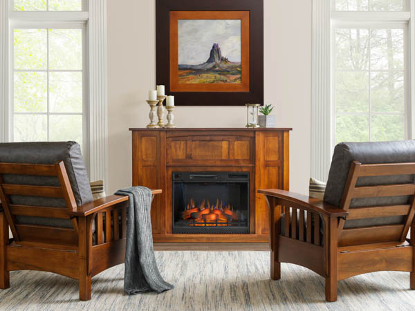 Amish handcrafted living room furniture in front of fireplace