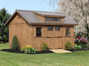Manor Delight board and batten storage shed on manicured lawn.