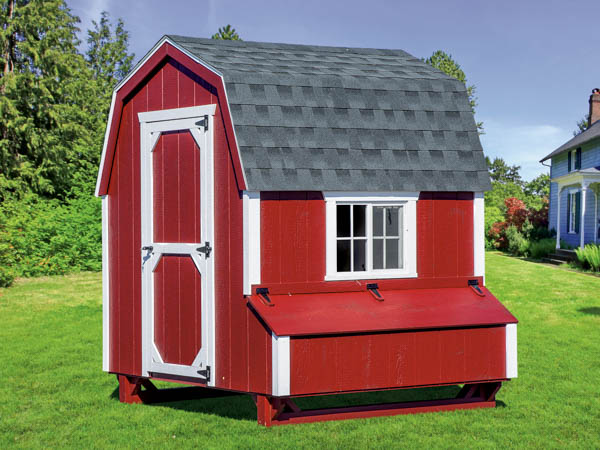 Dutch style chicken coop in red and white.