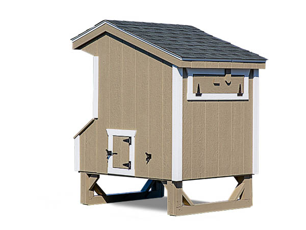 Beige tractor style chicken coop.