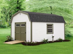 Colonial Dutch style storage shed in backyard setting