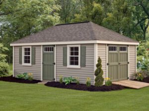 Deluxe Villa Style affordable vinyl storage shed pictured on a lawn