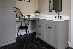 Custom bathroom vanity in grey paint with white countertop in modern style bathroom