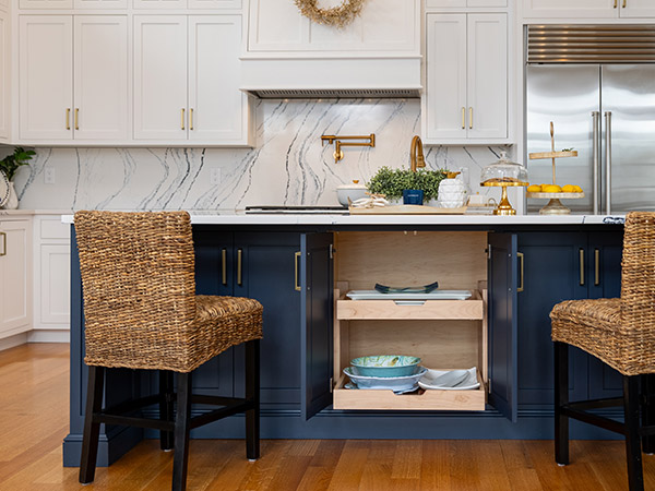 custom kitchen cabinet island with pullout drawer storage and seating