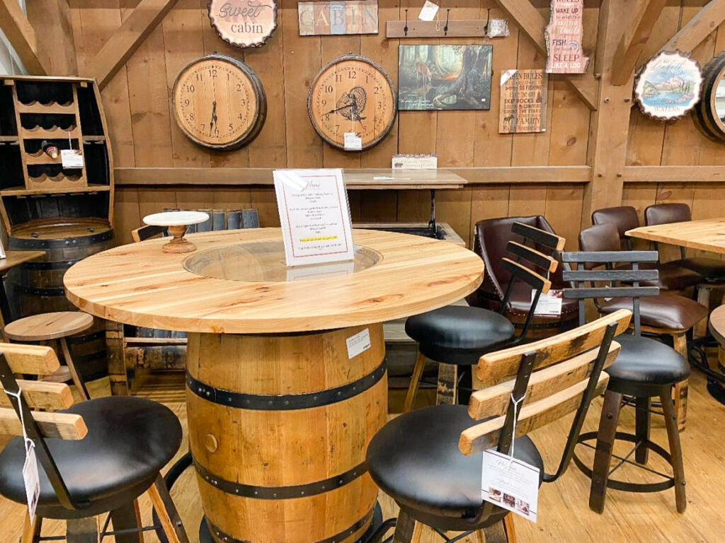 oak barrel dining table and stools