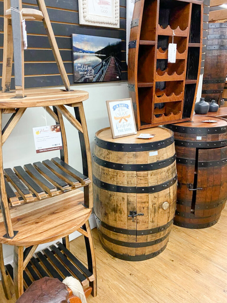 oak barrel furniture on display