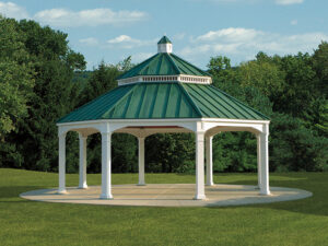 Vinyl octagon pavilion with Green Metal roof