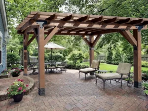 Timberview Pergola crafted from Douglas fir, featuring heavy timber beams and black steel bracket hardware over a brick paver patio with lounge seating and a lush garden backdrop.