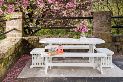 mission table and benches with flowering cherry tree in background