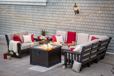 mission deep seating with fire table on patio