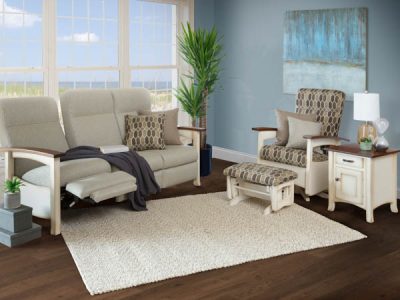 Reclining sofa, glider, and ottoman Amish handcrafted living room furniture.