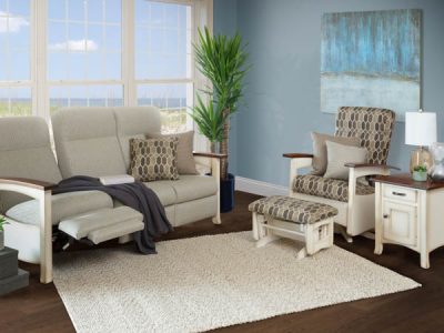 reclining sofa, glider, ottoman Amish handcrafted living room furniture from the Elm Crest collection.