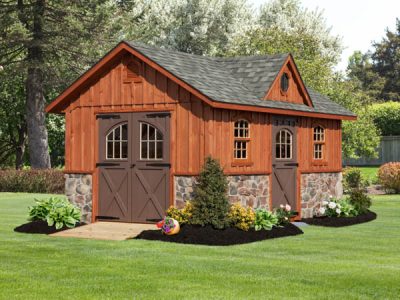 studio shed with stone and wood siding