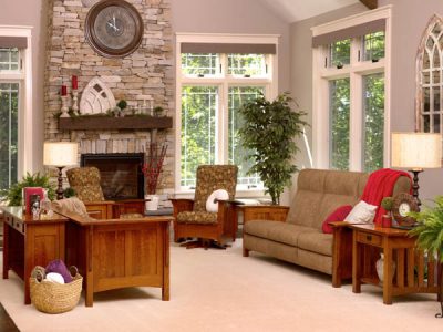 Amish handcrafted furniture, Paneled Mission style pictured in living room setting.